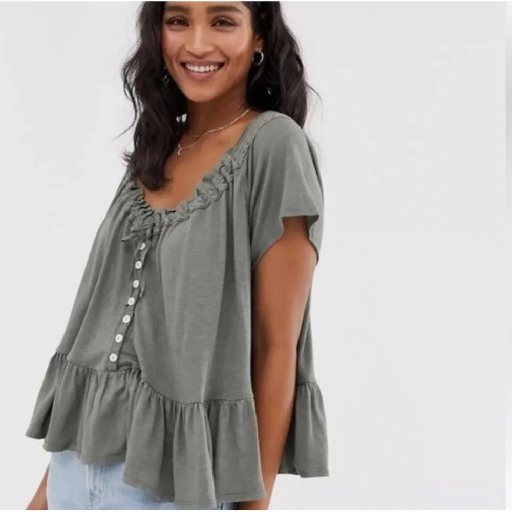 Free People Ruffle Henley Peplum Top Boho Cottagecore Linen Blend Size S